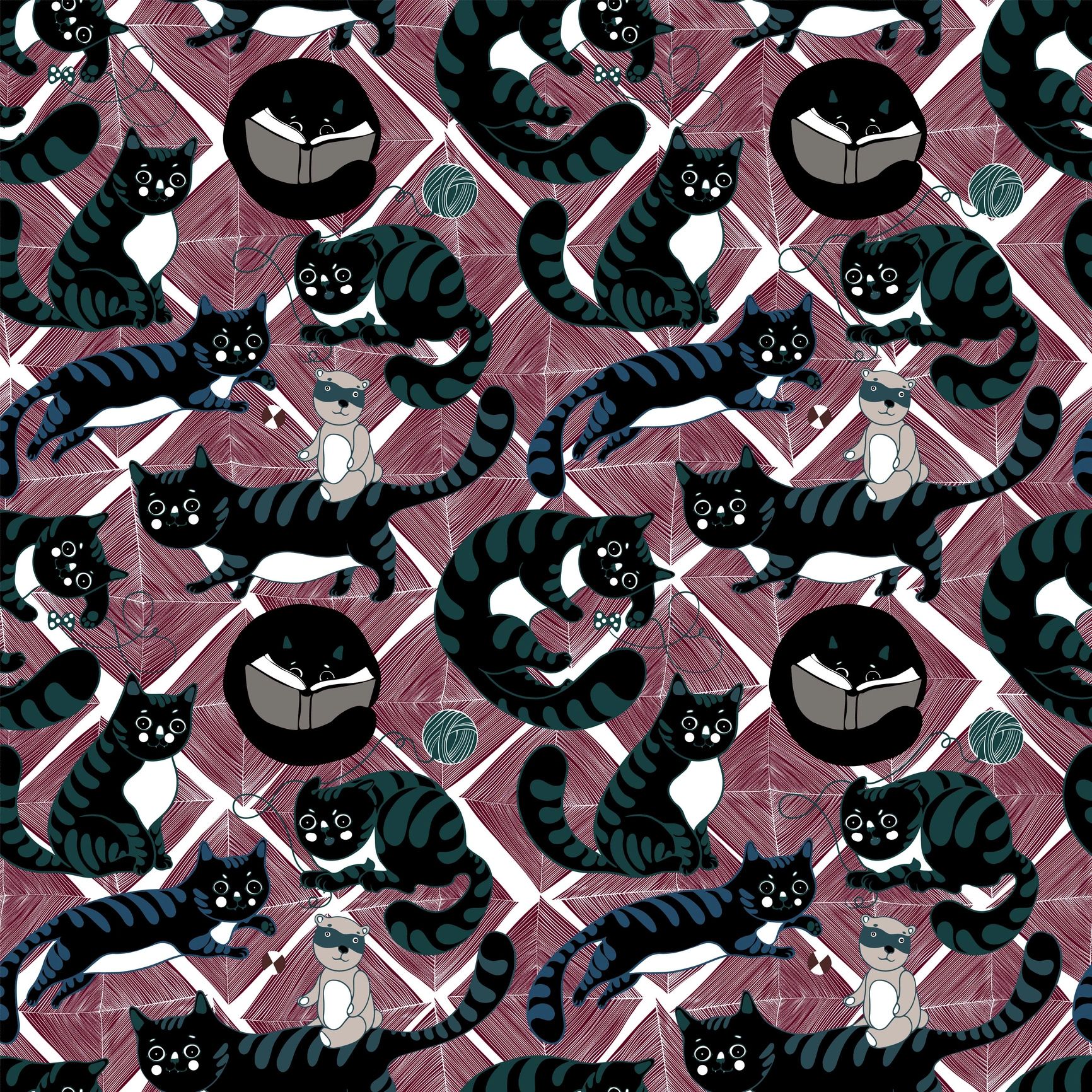 Striped cats playing with toys