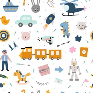 Seamless pattern with cute toys for children. Vector background with kids elements and illustrations