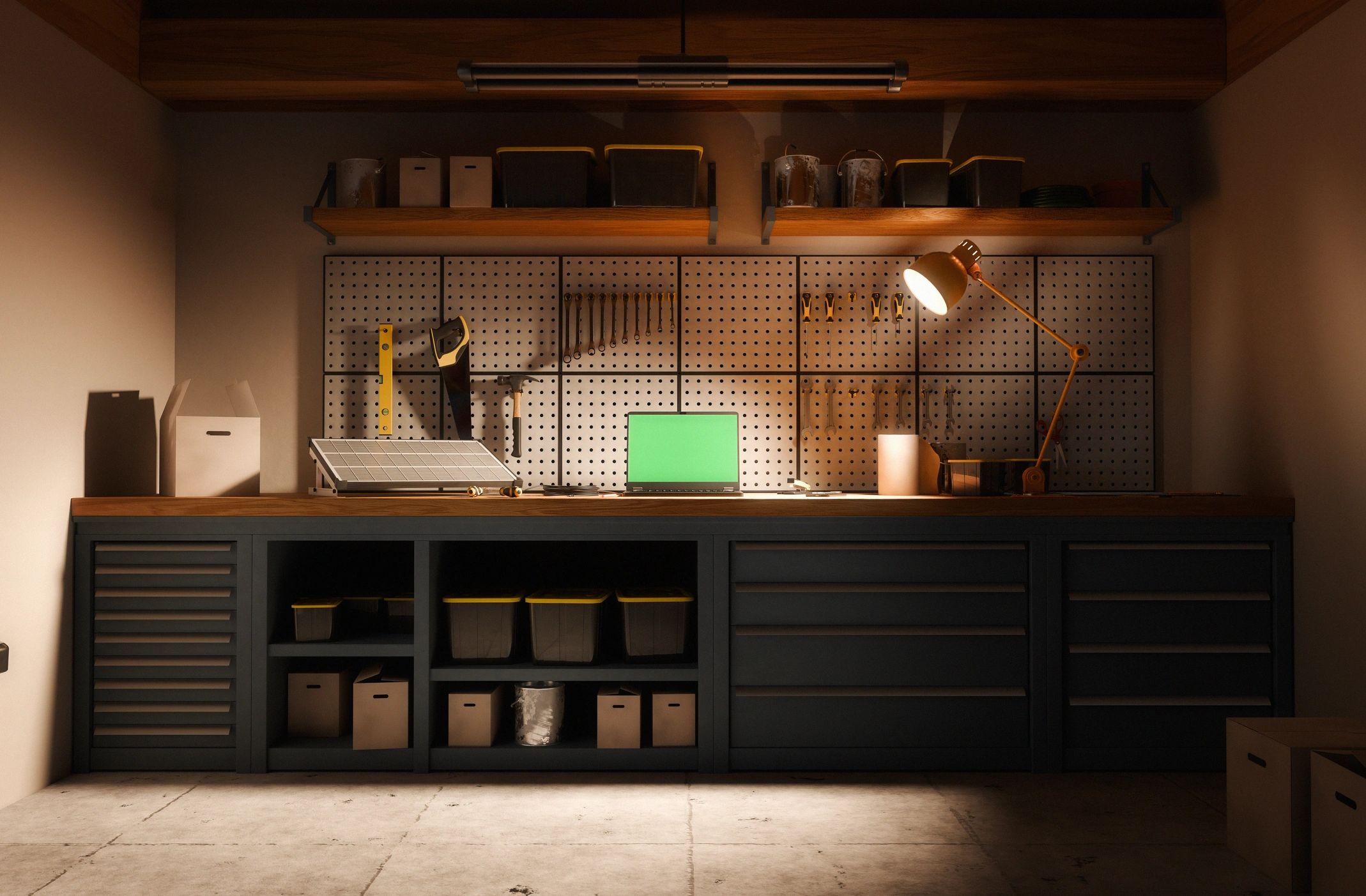 Night workspace with laptop on a workbench