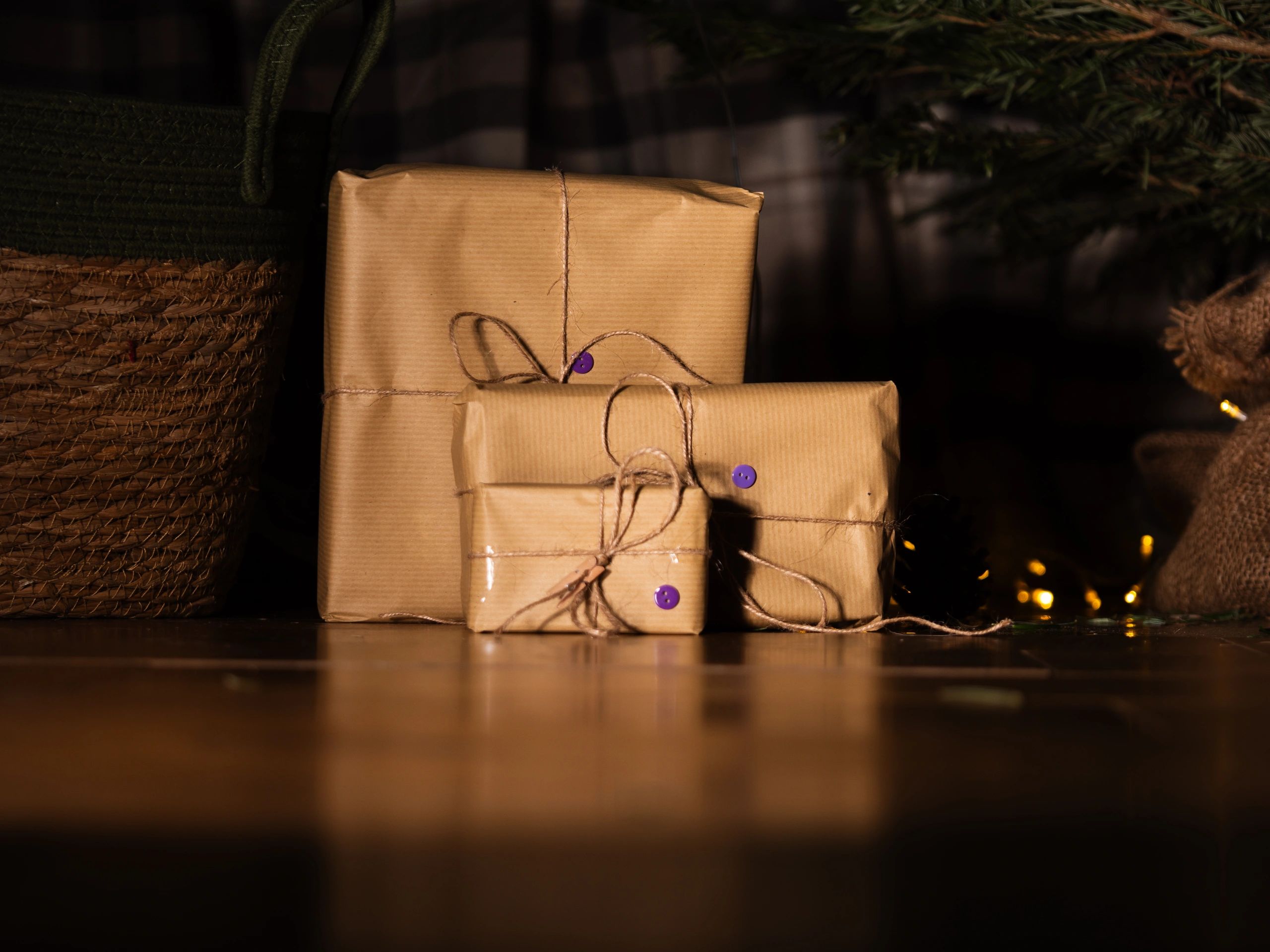 Wrapped gift in brown paper and string