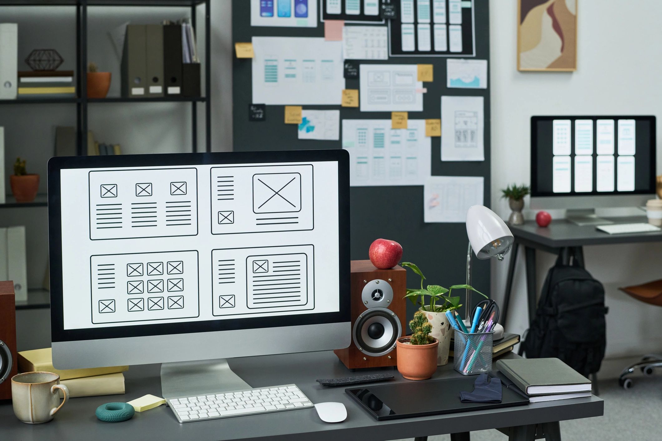 Creative workspace with desktop monitor and wireframes