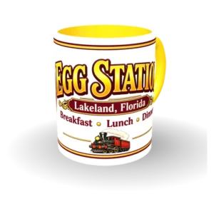 Egg Station mug badge-yellow
