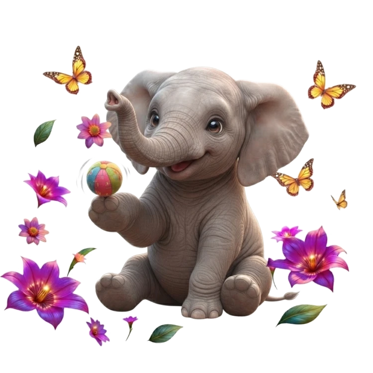 Baby Elephant, Their Ball and Butterfly Friends – Exotic Animals Design | MRK By Design