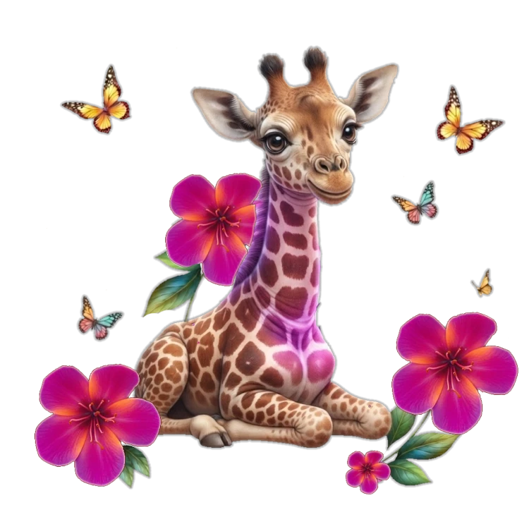 Baby Giraffe and Neon Flowers – Exotic Animals Design | MRK By Design